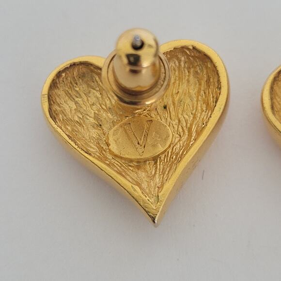 Vintage Valentino Rhinestone Gold Tone Stud Earrings Small Hearts V - Picture 3 of 6